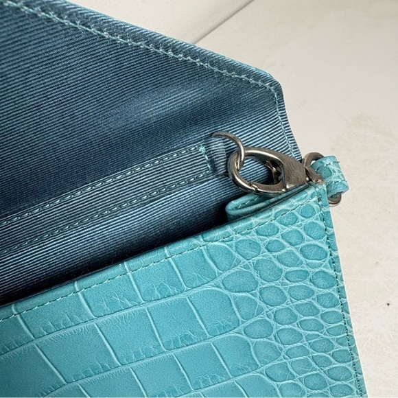 LAT for Bluefly Cerulean Croc Embossed Genuine Leather Convertible Clutch Purse - Picture 6 of 13